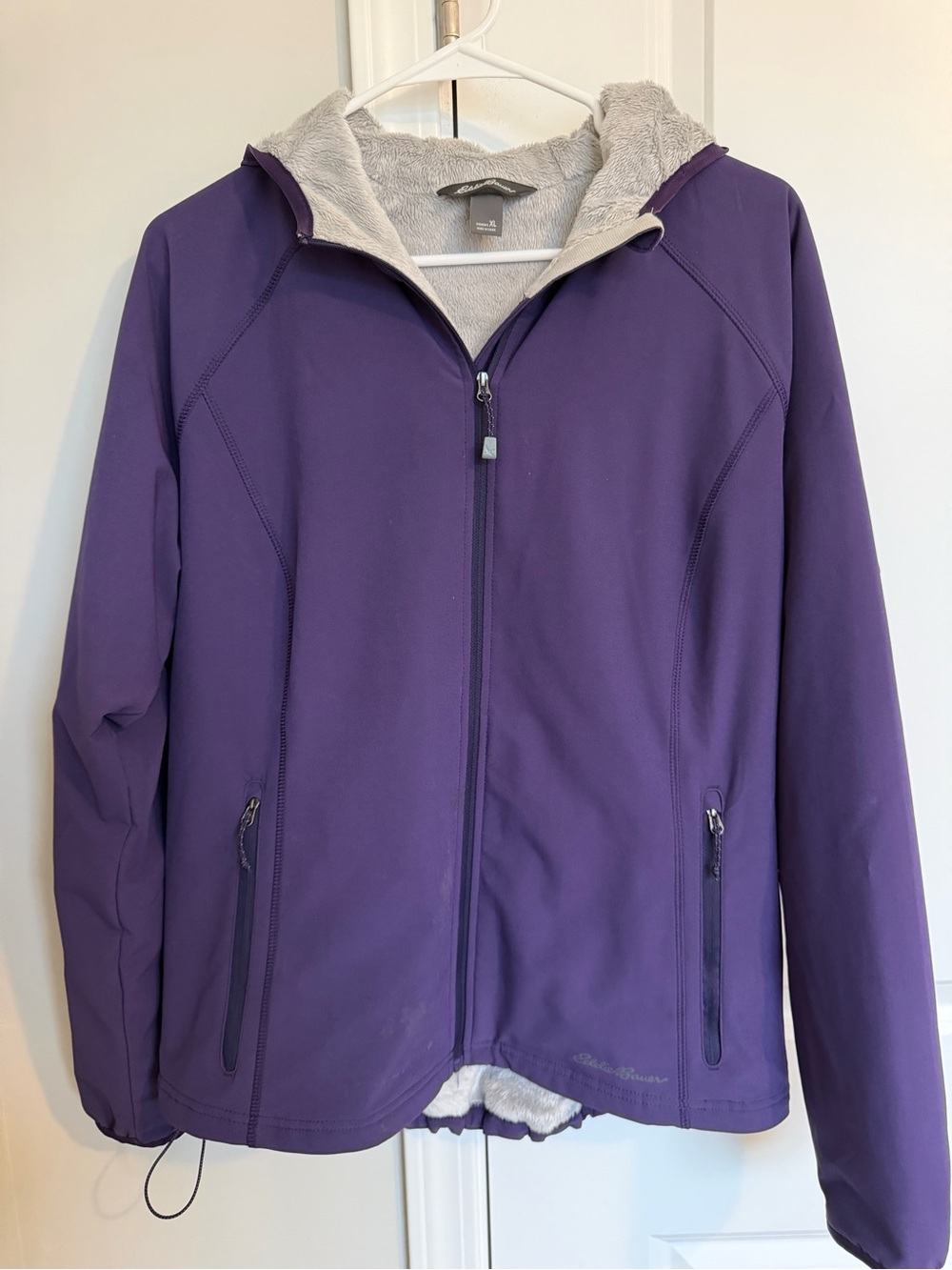 Eddie Bauer Purple Hooded Softshell Jacket with Light Gray Sherpa Lining